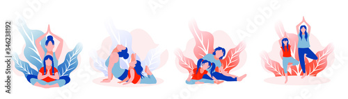 Set of vector illustrations. Mom and daughter do yoga and stretching. The concept of home activity with children in quarantine. A happy family. Prevention of the spread of coronavirus. Flat style.