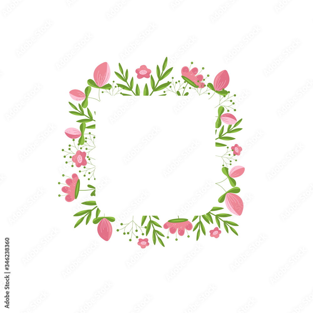 Vector square frame with pink flower and green leaves on dark background. Place for Your text. Perfect for greeting, invitation, announcement, web, wedding design. Vector illustration.
