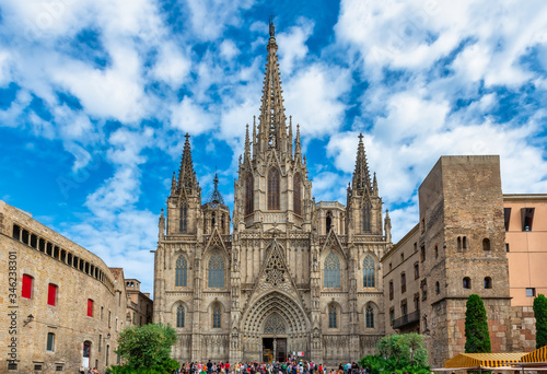 Cathedral of Holy Cross and Saint Eulalia or Barcelona Cathedral in Barcelona, Catalonia, Spain. Gothic Quarter of Barcelona. Architecture and landmark of Barcelona.