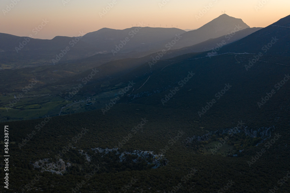 Fototapeta premium Aerial view of sinkholes at sunrise light, Argolida, Greece