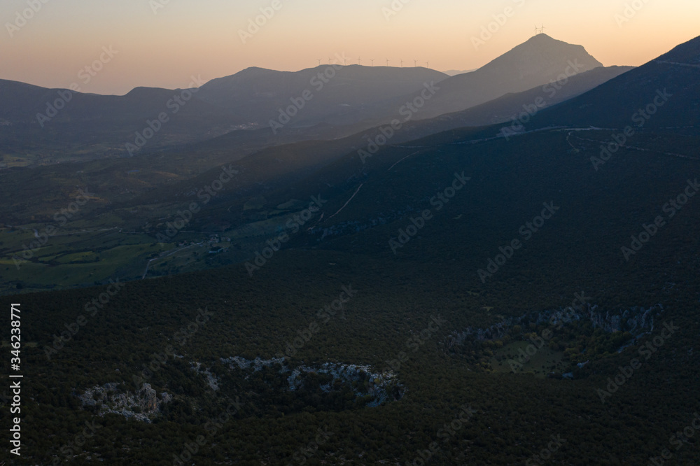 Aerial view of sinkholes at sunrise light, Argolida, Greece