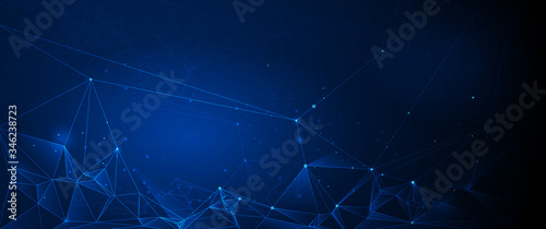 Vector illustration molecule  connected lines with dots and polygon shape on blue color background. Abstract internet network connection design. Digital data science and futuristic technology concept