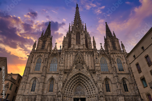 Cathedral of Holy Cross and Saint Eulalia or Barcelona Cathedral in Barcelona, Catalonia, Spain. Gothic Quarter of Barcelona. Architecture and landmark of Barcelona.
