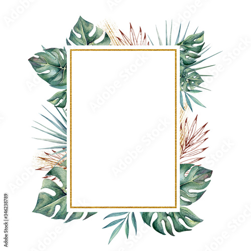 beautiful vertical gold rectangular frame with watercolor tropical leaves and gold brush stroke