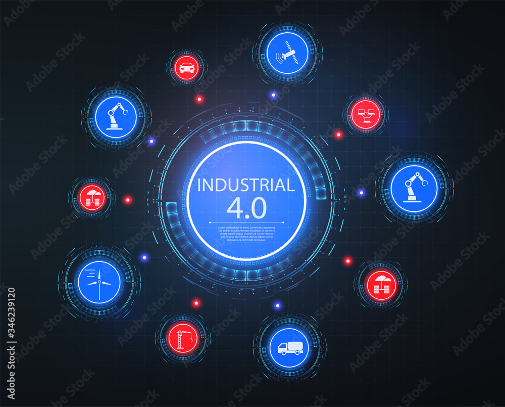 Industry 4.0 Related Line modern Infographic Design stock vector. IoT or Industry 4.0 banner. Concept and infographic. Connected devices and objects with business automation flow a blue background. Industry 4.0 Related Line modern Infographic Design stock vector. IoT or Industry 4.0 banner. Concept and infographic. Connected devices and objects with business automation flow a blue background.