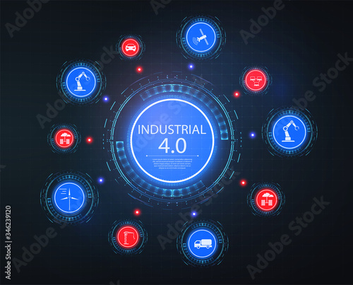 Industry 4.0 Related Line  modern Infographic Design stock vector. IoT or Industry 4.0  banner. Concept and infographic. Connected devices and objects with business automation flow a blue background.