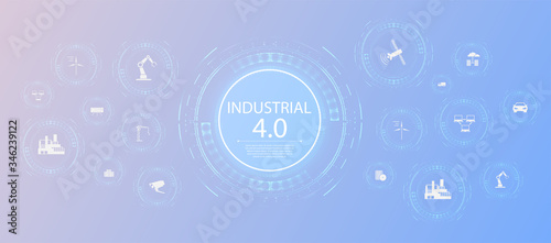 Industry 4.0 Related Line  modern Infographic Design stock vector. IoT or Industry 4.0  banner. Concept and infographic. Connected devices and objects with business automation flow a blue background.