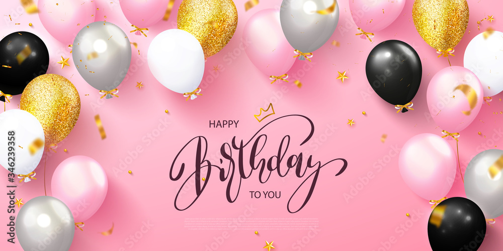 Happy birthday greeting card with colorful balloons and flying serpentine  on pink  template for birthday   illustration Stock Vector | Adobe Stock