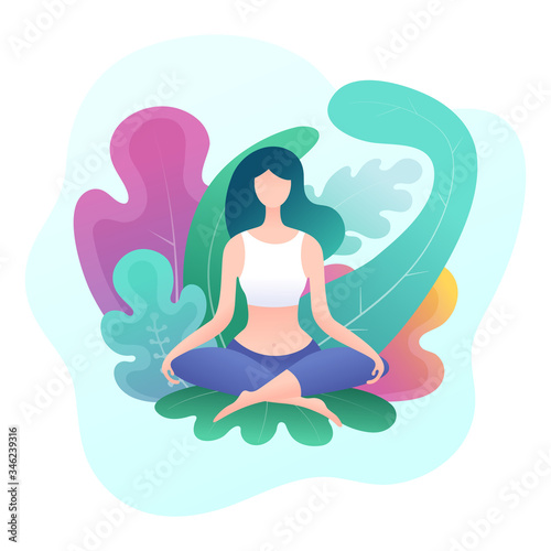 Young woman sitting in a lotus position surrounded by leaves. Meditation and relaxation poster. Colorful vector illustration.