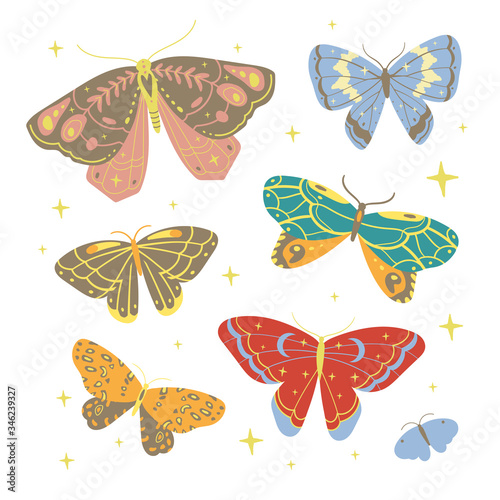 vector set of night butterfly, star. magic vintage illustration