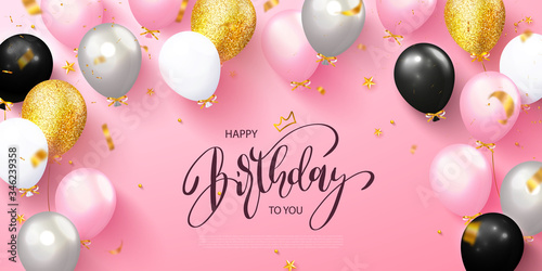 Happy birthday greeting card with colorful balloons and flying serpentine on pink background.Design template for birthday celebration.Vector illustration