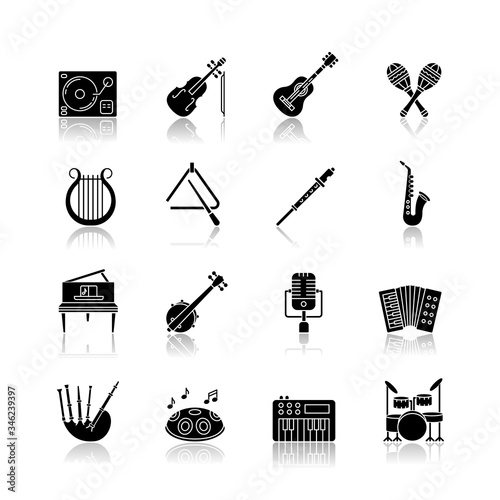 Orchestral instrument drop shadow black glyph icons set. Live classical music concert. Band performance with string instruments and percussion. Isolated vector illustrations on white space