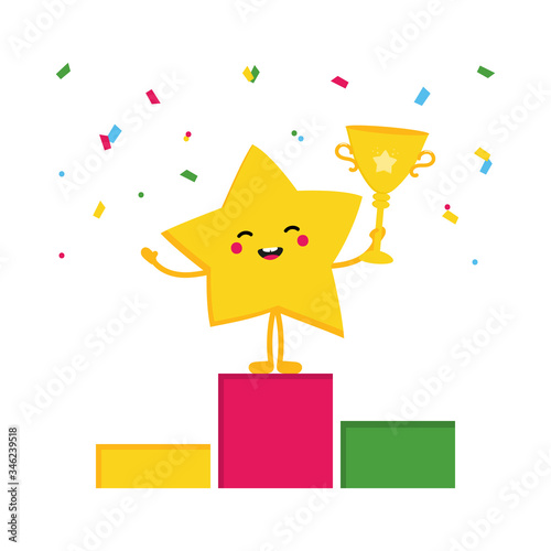 Cartoon style vector star character celebrating triumph, victory standing on pedestal and holding trophy in hand.