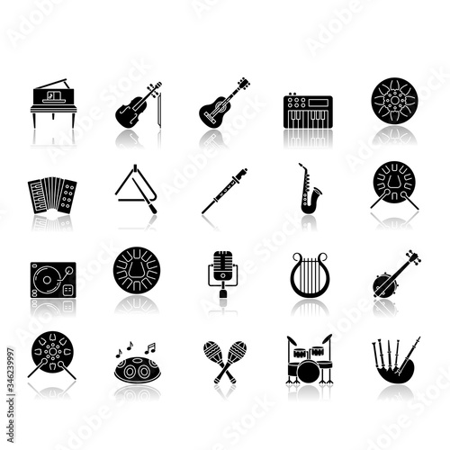 Classical musical instrument drop shadow black glyph icons set. Live band concert. Orchestral music performance. Play jazz and blues song. Isolated vector illustrations on white space