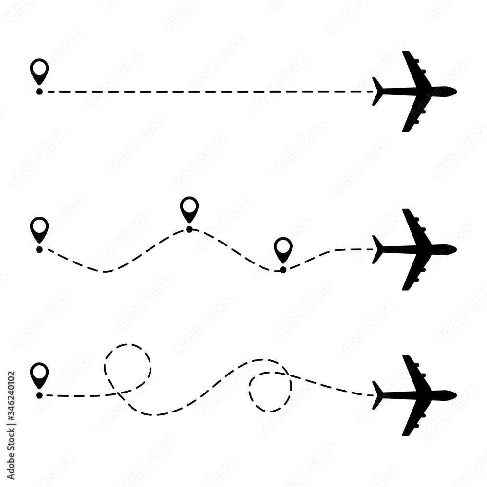 Airplane line path vector icon illustration of flight route with start point and line trace isolated on white background Airplane line path vector icon illustration of flight route with start point and line trace isolated on white background