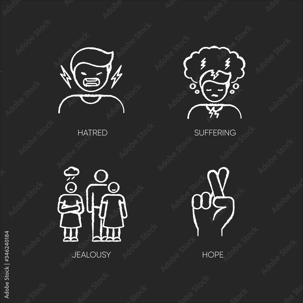 Psychological problem chalk white icons set on black background. Man scream from hatred. Suffering from mental illness. Woman feeling jealous of man. Isolated vector chalkboard illustrations Psychological problem chalk white icons set on black background. Man scream from hatred. Suffering from mental illness. Woman feeling jealous of man. Isolated vector chalkboard illustrations