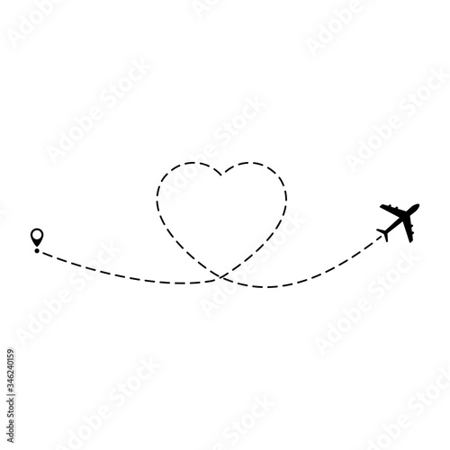 Airplane route vector illustration. Heart dashed lines path with start point and dash line trace isolated on white background.