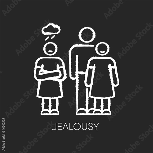 Jealousy chalk white icon on black background. betrayal in romantic relationship. Conflict between man and woman. Rivalry situation. Feeling envious. Isolated vector chalkboard illustration