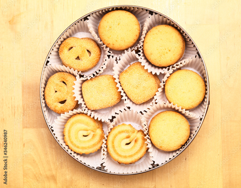Butter cookies, also known as Danish biscuits, in their original tin