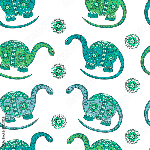Vector colored dinosaurs seamless pattern on a white background for your creativity