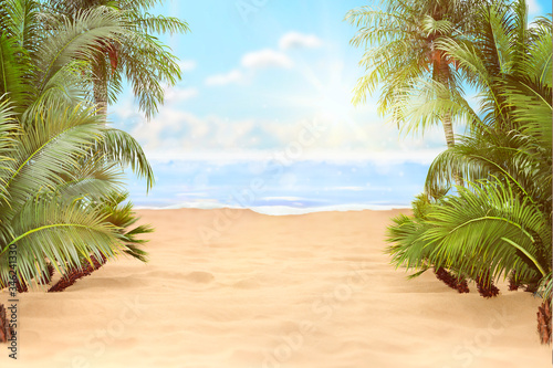 Fototapeta Naklejka Na Ścianę i Meble -  Abstract blur defocused background, nature of tropical summer beach with rays of sun light. Golden sand beach, sea water and palm leaves against sky. Copy space, summer vacation concept. 