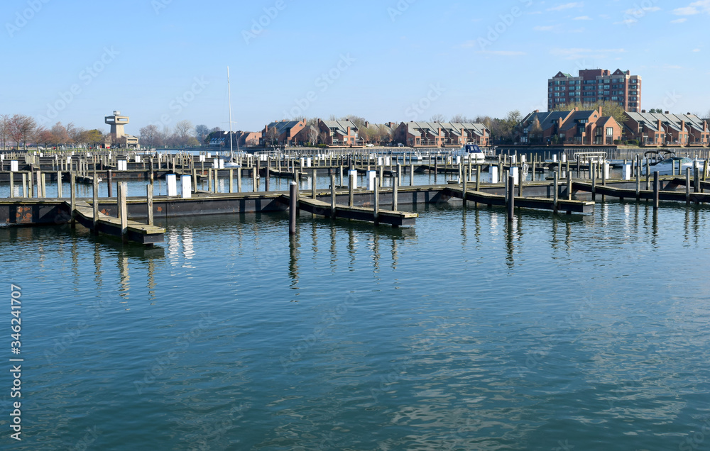 Buffalo, NY Boat Dock & Erie Basin Marina Empty Awaiting Boating & Shipping Season on Water, Lake, River & Ocean