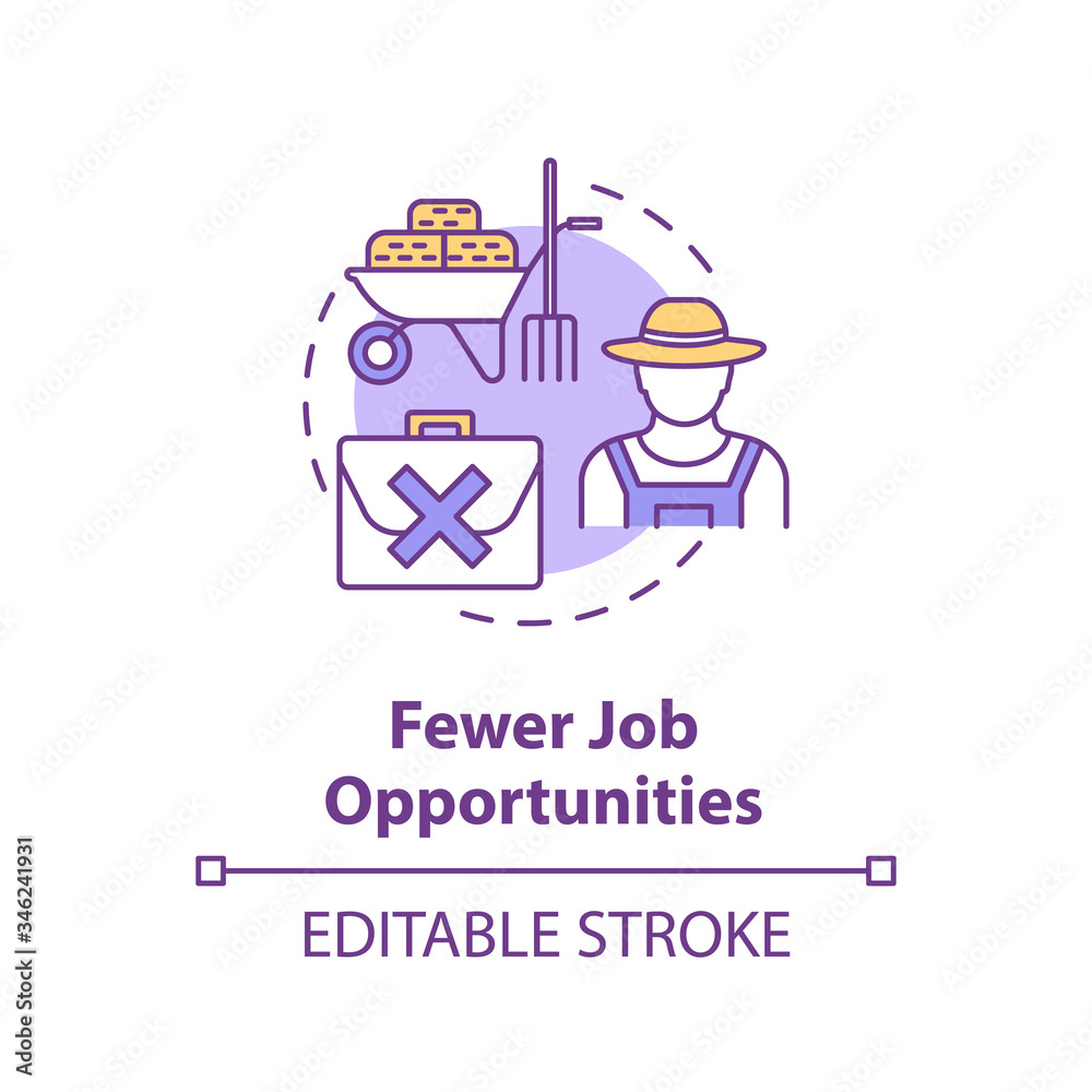 Fewer job opportunities concept icon. Unemployment in village. Farmer work. Jobless man. Country living idea thin line illustration. Vector isolated outline RGB color drawing. Editable stroke