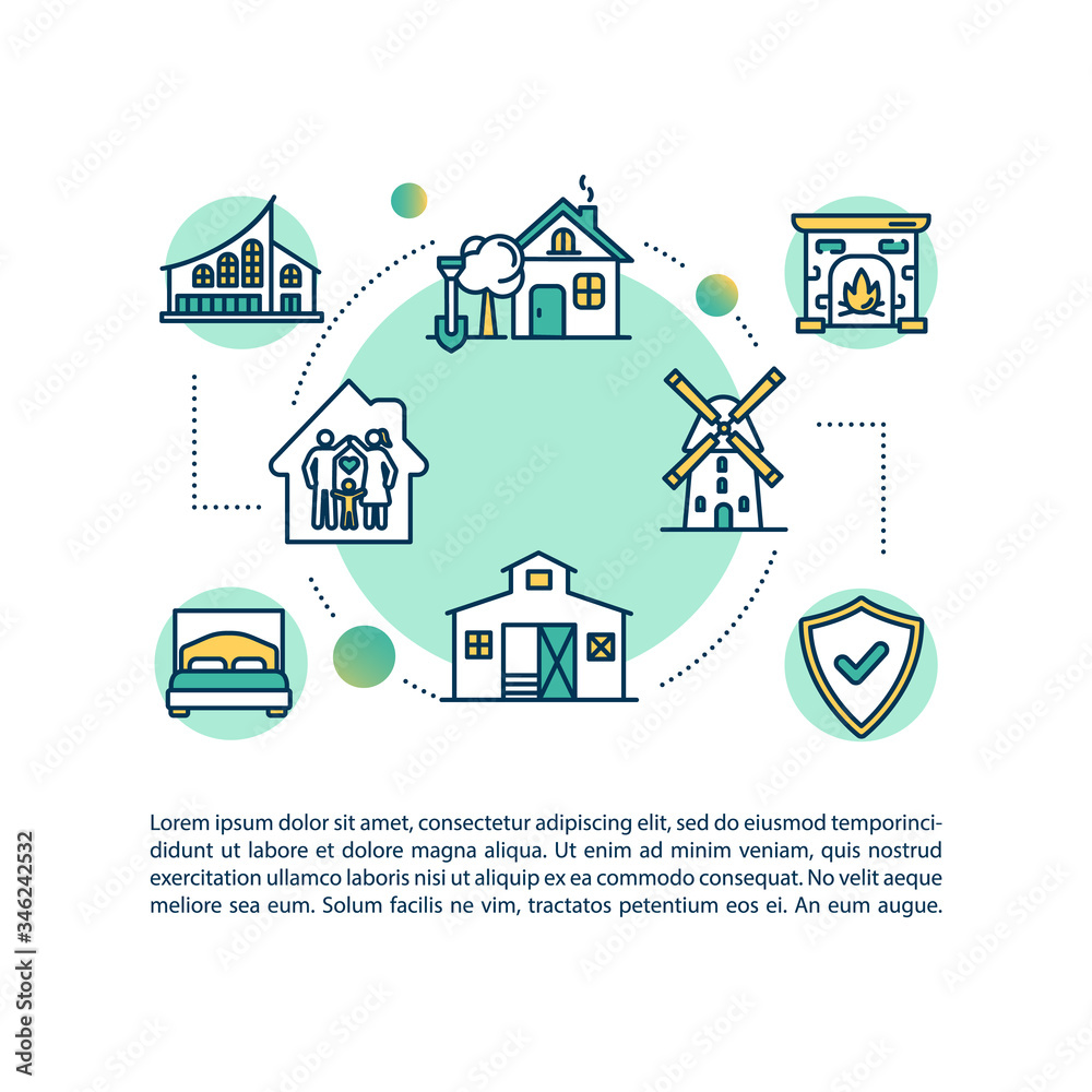 Village housing concept icon with text. Real estate for family. Farm living and ranch property. PPT page vector template. Brochure, magazine, booklet design element with linear illustrations