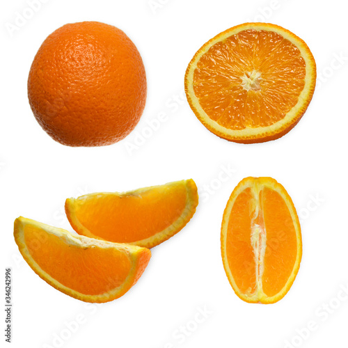 Set of fresh whole and cut orange and slices isolated on white background. From top view