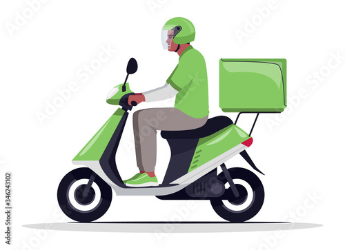 Order home delivery semi flat RGB color vector illustration. African american courier on motorbike. Delivery man on scooter in green uniform isolated cartoon character on white background