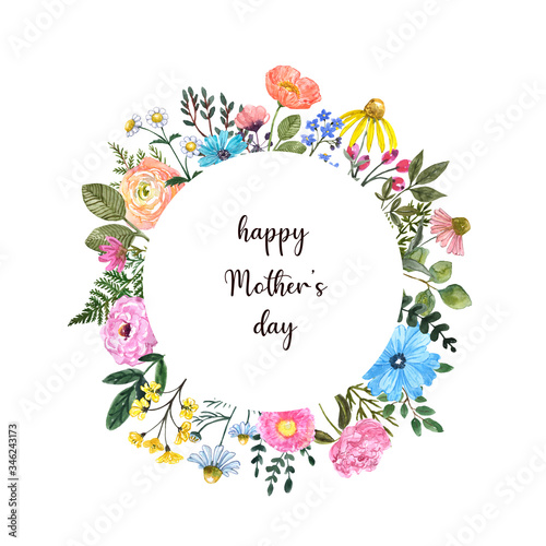 Watercolor wildflower round frame with blank space for text. Hand drawn pink,...