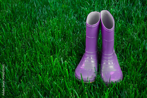 rubber boots on the green grass