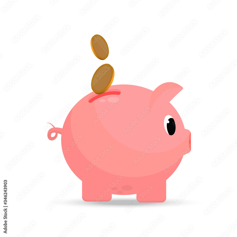 Pig piggy bank in a flat style. Coins are lowered into the piggy bank. Savings Concept vector icon. Illustration for banks. Isolated on a white background. Pig piggy bank in a flat style. Coins are lowered into the piggy bank. Savings Concept vector icon. Illustration for banks. Isolated on a white background.