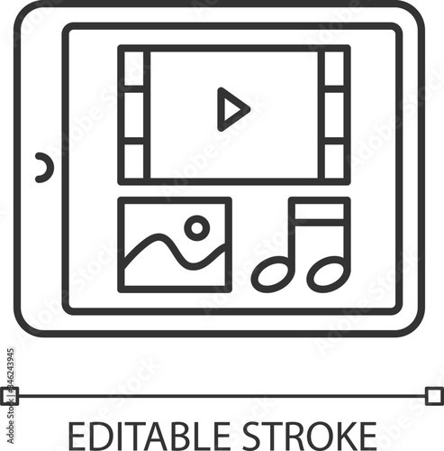 Multimedia pixel perfect linear icon. Tablet display with menu navigation. Digital technology. Thin line customizable illustration. Contour symbol. Vector isolated outline drawing. Editable stroke