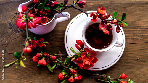red quince flowers reflected in tea in a white porcelain cup in the gardenя