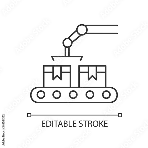 Production pixel perfect linear icon. Conveyor belt with cardboard boxes. Manufacture process. Thin line customizable illustration. Contour symbol. Vector isolated outline drawing. Editable stroke