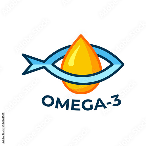 Fish oil icon isolated on white background. Vitamin omega 3 template. Drops and fish silhouette. Flat style. Treatment nutrition skin care vector design.