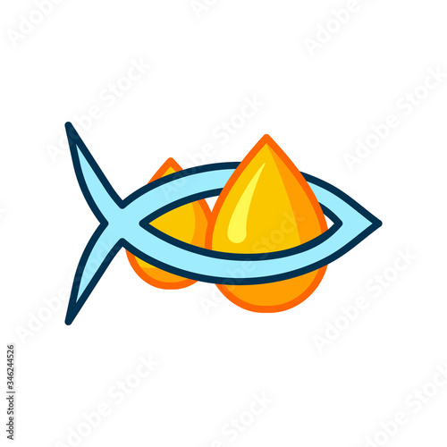 Fish oil icon isolated on white background. Vitamin omega 3 template. Drops and fish silhouette. Flat style. Treatment nutrition skin care vector design.