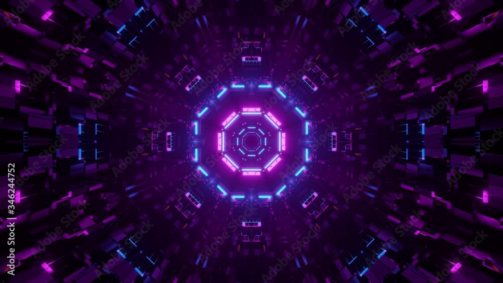 Elaborate entrance into and through space ship tunnel, colorful artistic sci fi
