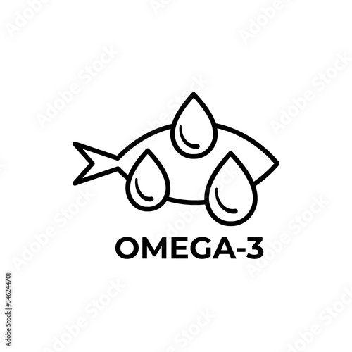 Fish oil icon isolated on white background. Vitamin omega 3 template. Drops and fish silhouette. Line style. Treatment nutrition skin care vector design.