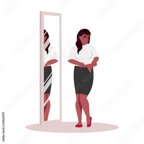 Crying woman trying on clothes semi flat RGB color vector illustration. African american girl depressed about weight isolated cartoon character on white background. Emotional stress, obesity problem