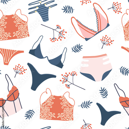 Seamless pattern with woman lingerie and underwear. Background with stylish bras, panties and bikinis. Hand drawn pattern for textile, T-shirt, wrapping paper. Cute feminine undies set.