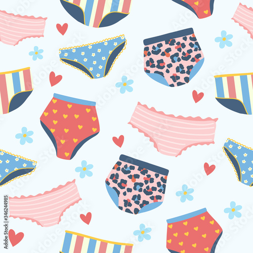 Seamless pattern with woman lingerie and underwear. Background with stylish bras, panties and bikinis. Hand drawn pattern for textile, T-shirt, wrapping paper. Cute feminine undies set.