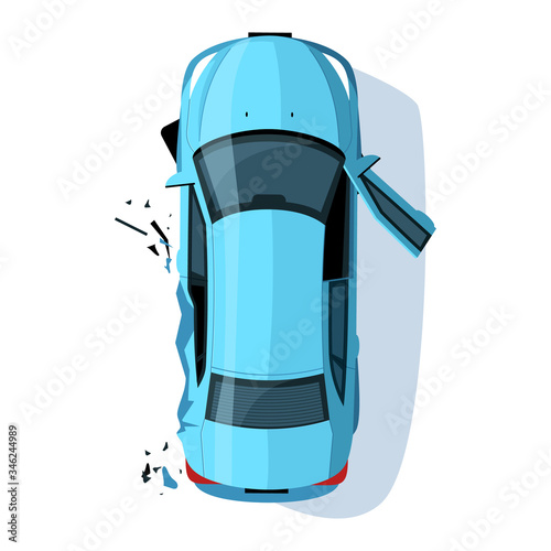Crashed auto side semi flat RGB color vector illustration. Car accident. Collision on road. Claim insurance for vehicle. Blue sedan isolated cartoon object top view on white background