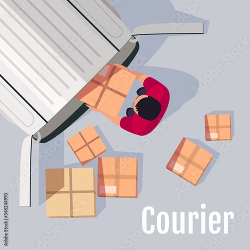 Courier social media post mockup. Delivery service worker top view. Advertising web banner design template. Social media booster, content layout. Promotion poster, print ads with flat illustrations