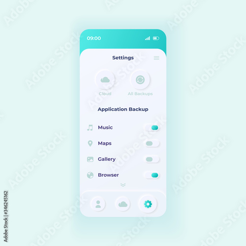 Backup application settings smartphone interface vector template. Mobile app page light design layout. Copying parameters screen. Flat UI for application. Server uploading options on phone display