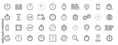 Set of 40 Time and clock web icons in line style. Timer, Speed, Alarm, Calendar. Vector illustration.