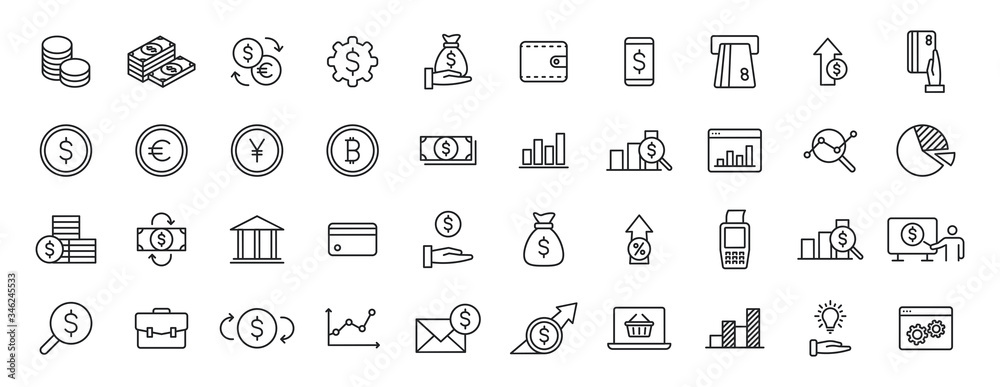 Set of 40 Finance and Money and Payment web icons in line style. Business, investment, financial, banking ,dollar, bank, cash, coin exchange, pay. Vector illustration.