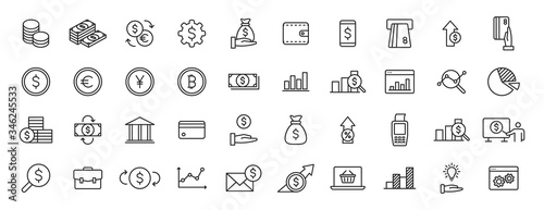 Set of 40 Finance and Money and Payment web icons in line style. Business, investment, financial, banking ,dollar, bank, cash, coin exchange, pay. Vector illustration.