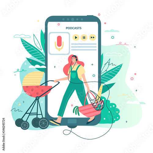 Woman wearing headphones walking with a baby stroller and listening to podcasts, online radio streaming, music or audiobooks. Concept for mobile application for reading or entertaining, landing page